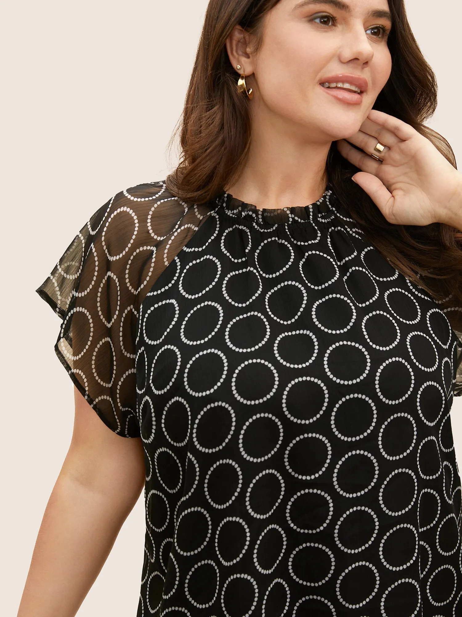 Polka Dot Mock Neck Mesh Patchwork Blouse sold by Bloomchic
