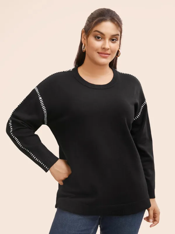 Crew Neck Contrast Trim Drop Shoulder Pullover sold by Bloomchic