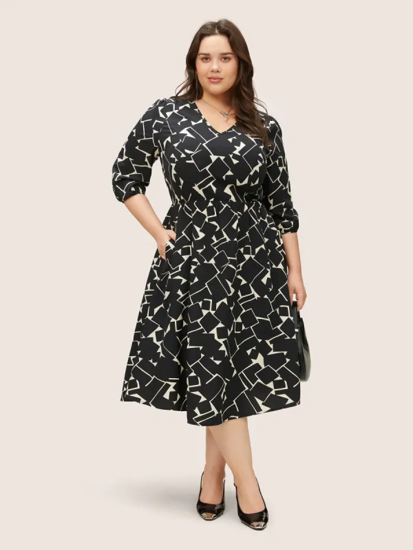 Geometric Print Pocket Lantern Sleeve Dress sold by Bloomchic
