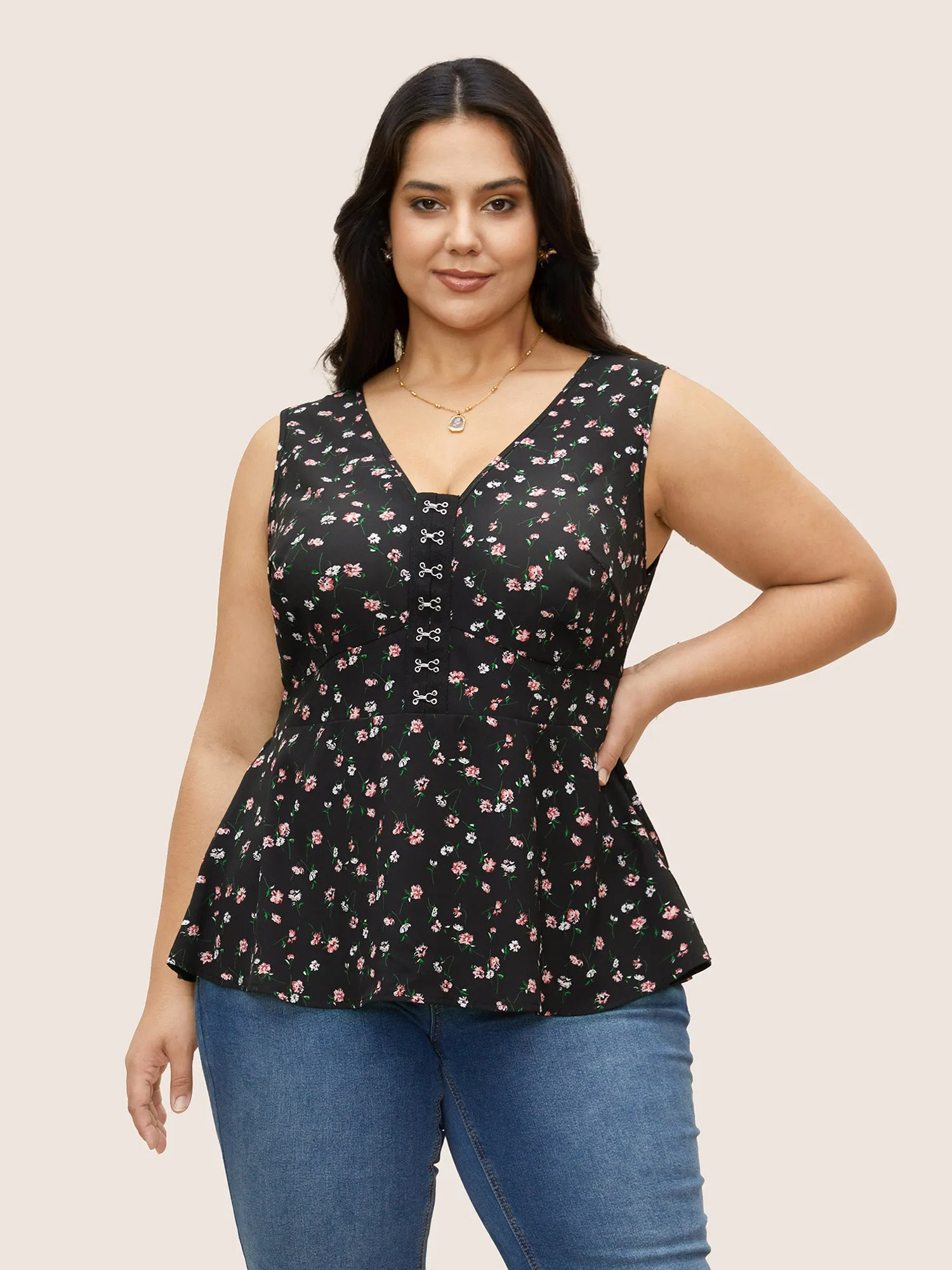 V Neck Ditsy Floral Buckle Detail Tank Top sold by Bloomchic