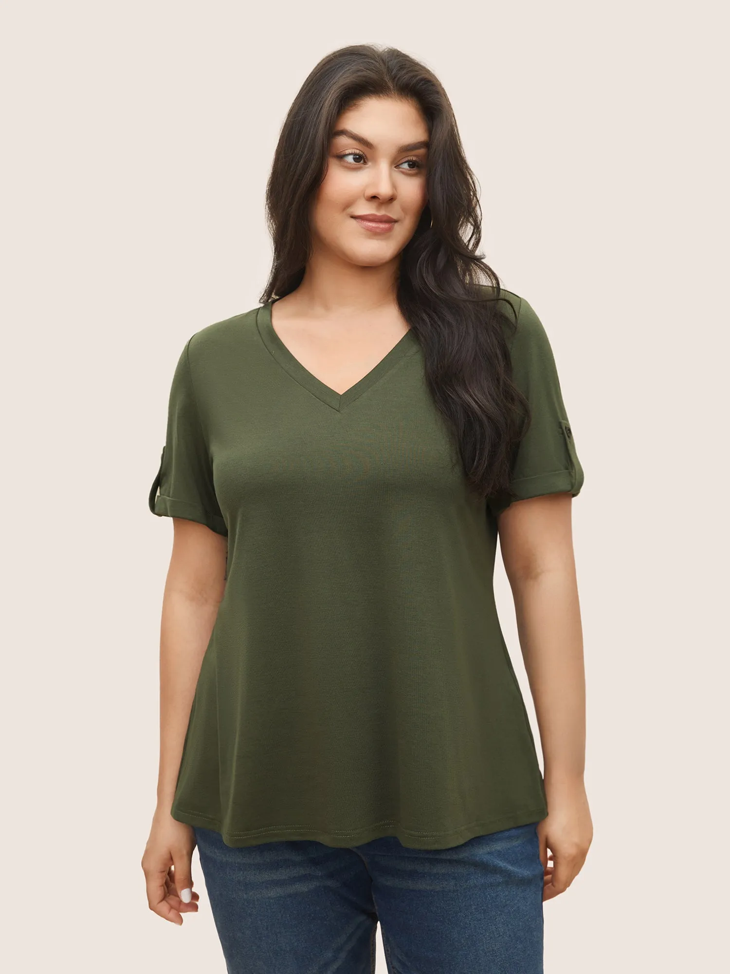 V Neck Solid Tab Sleeve T-shirt sold by Bloomchic