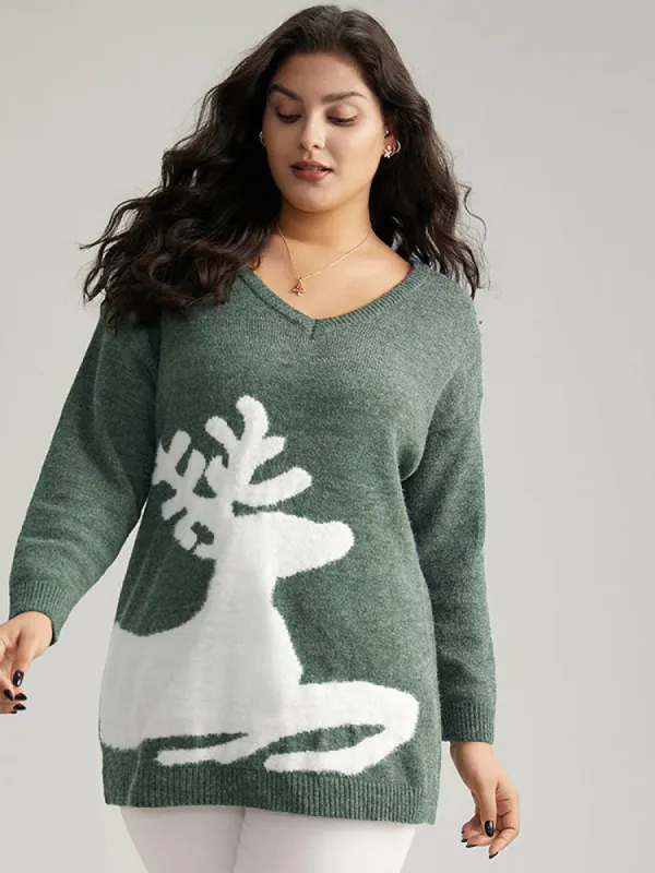 Anti-Pilling Elk Print Drop Shoulder Pullover sold by Bloomchic