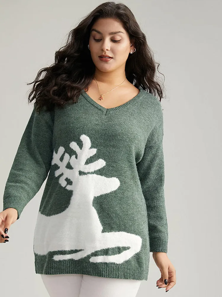 Anti-Pilling Elk Print Drop Shoulder Pullover sold by Bloomchic