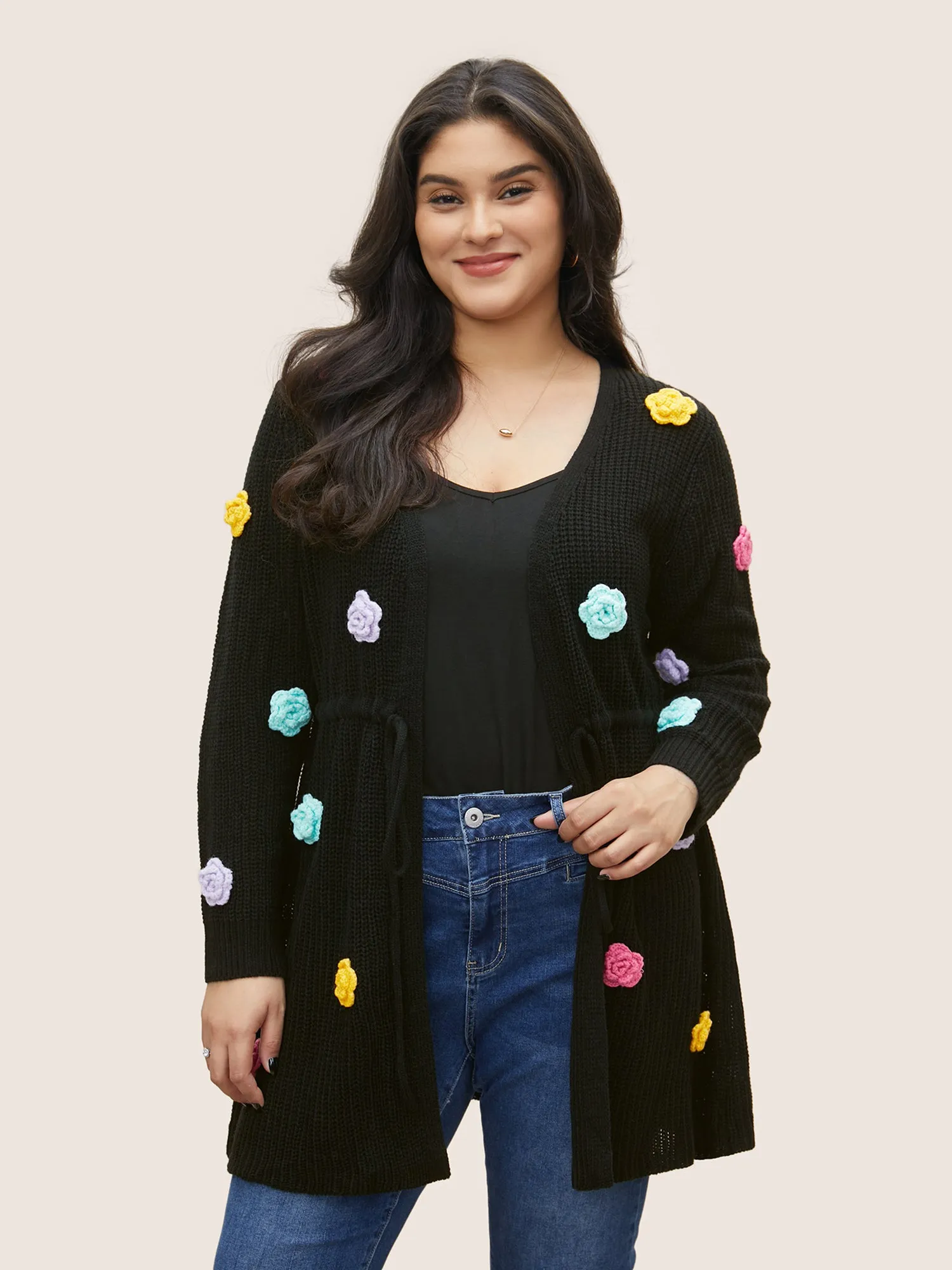 Colored Floral Plisse Drawstring Tunic Cardigan sold by Bloomchic