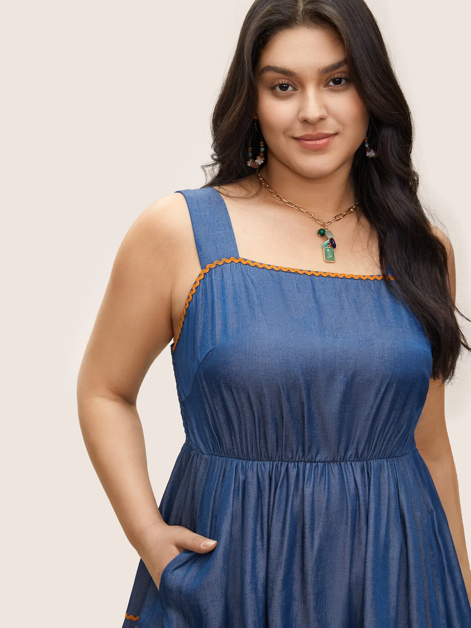 Denim-Effect Print Contrast Elastic Waist Cami Dress sold by Bloomchic product image thumbnail 4