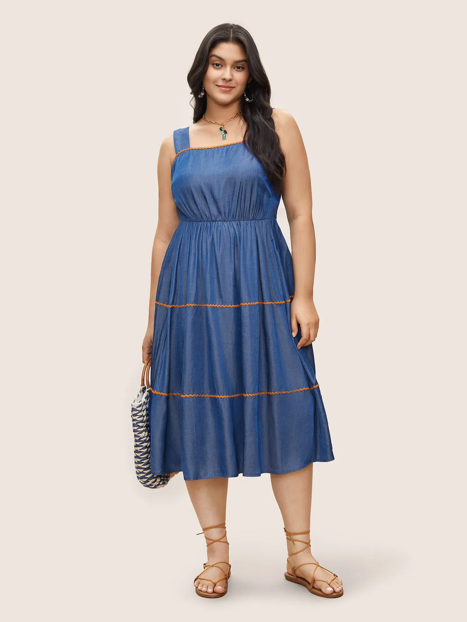 Denim-Effect Print Contrast Elastic Waist Cami Dress sold by Bloomchic