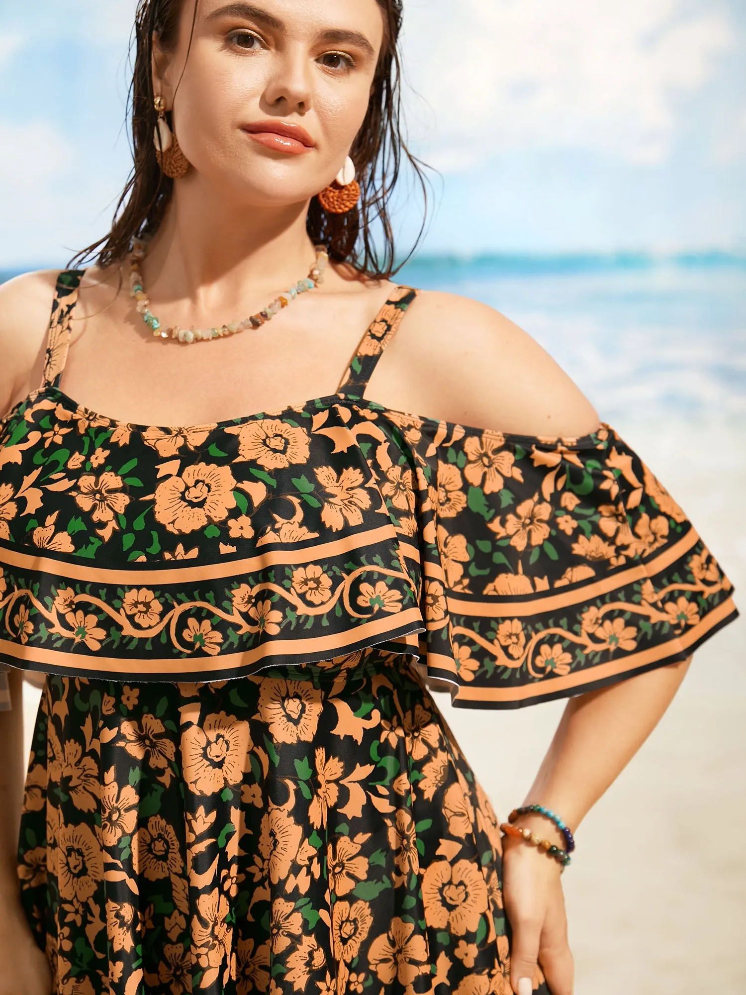 Floral One Shoulder Neck Ruffles Swim Dress sold by Bloomchic product image thumbnail 4