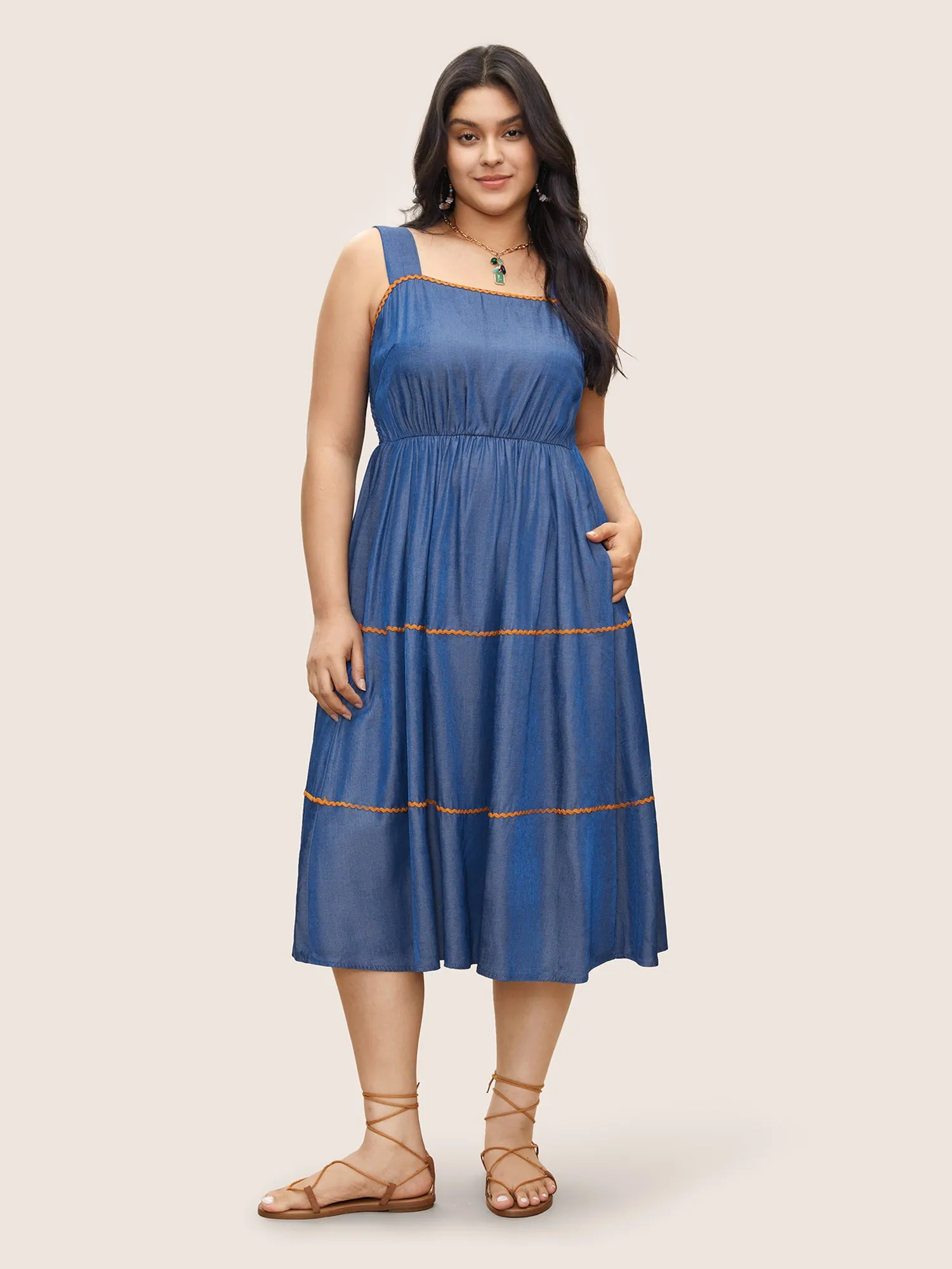 Denim-Effect Print Contrast Elastic Waist Cami Dress sold by Bloomchic product image thumbnail 2