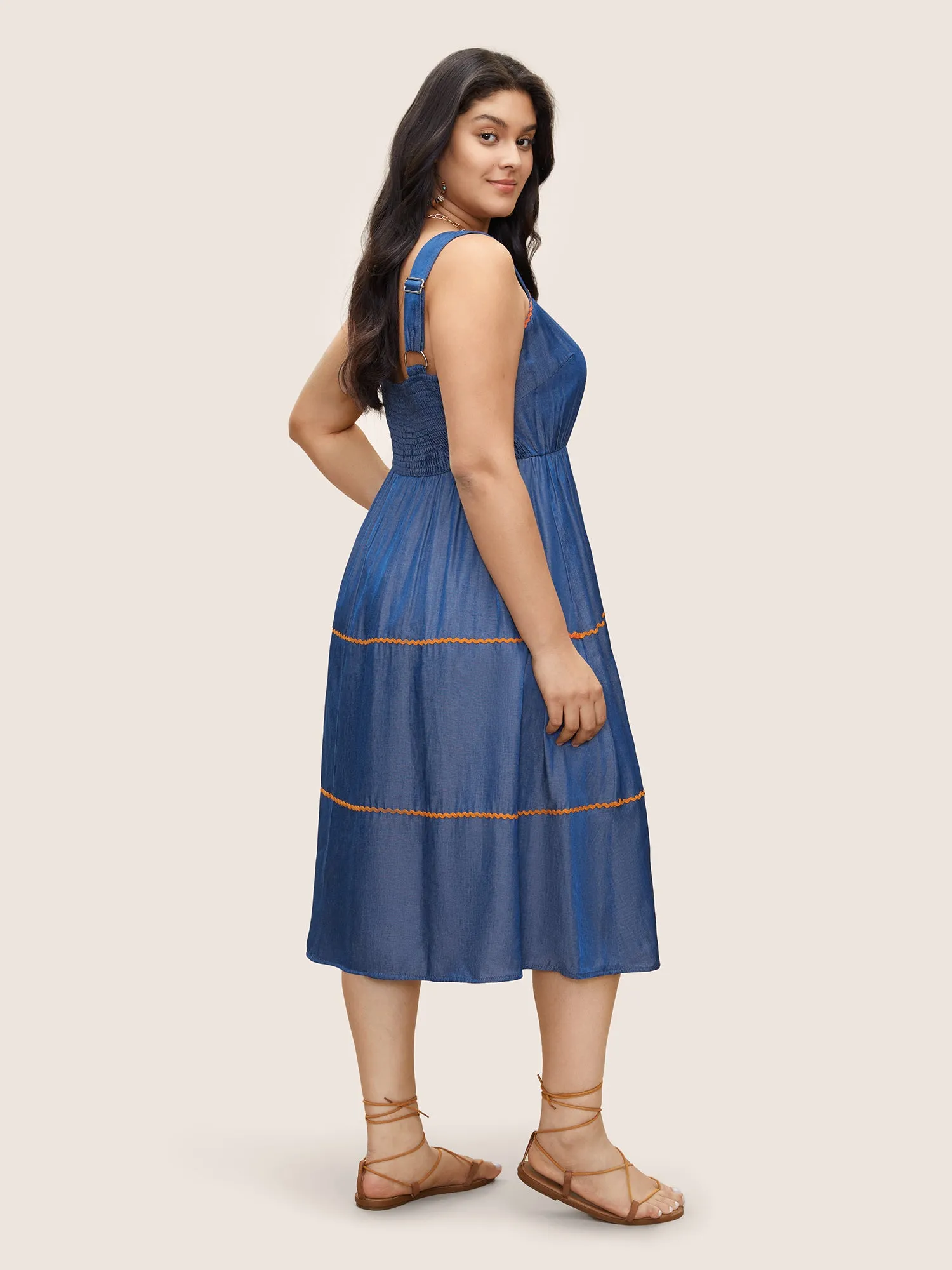 Denim-Effect Print Contrast Elastic Waist Cami Dress sold by Bloomchic product image thumbnail 3