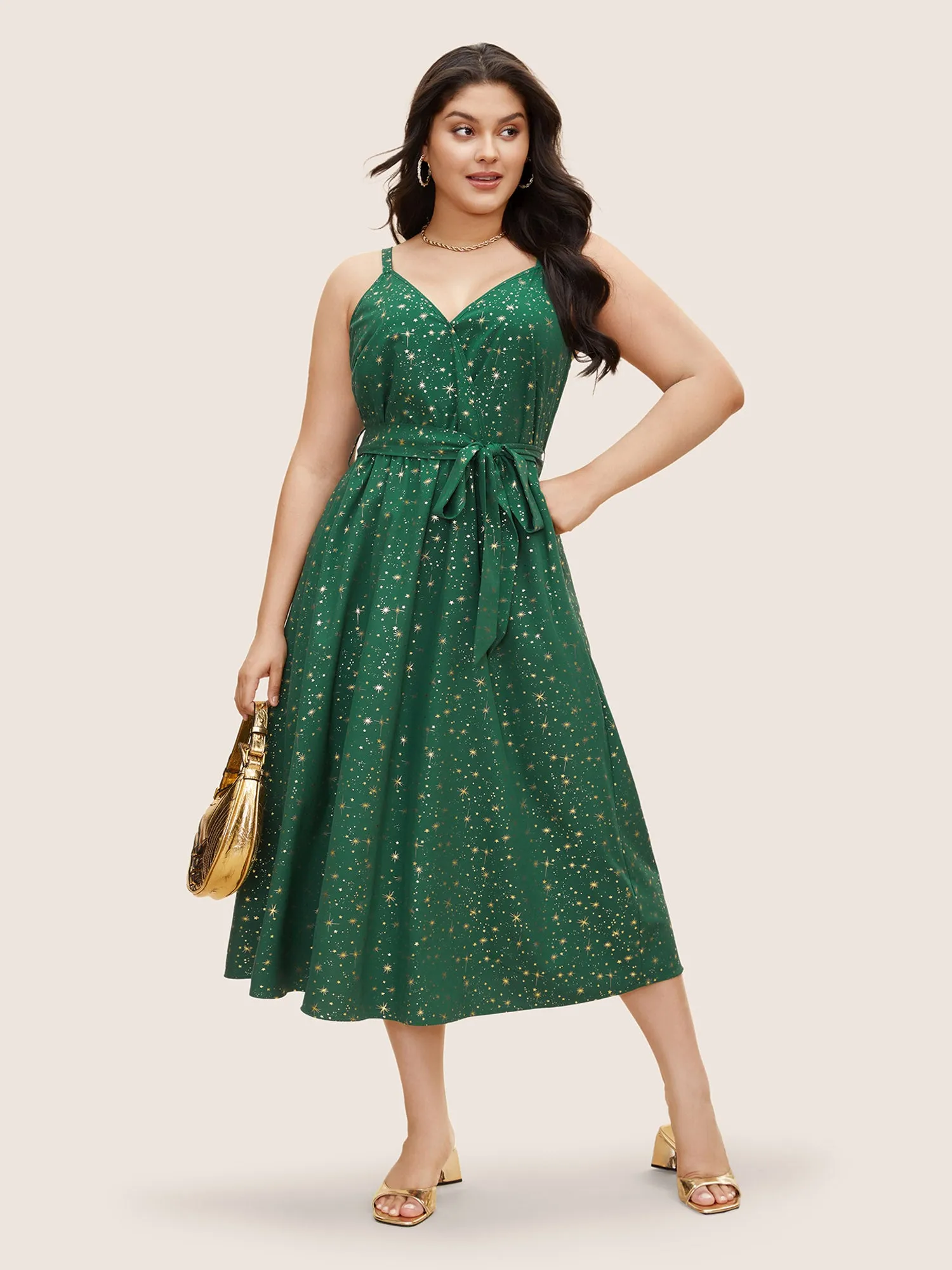 Overlap Collar Glitter Star Belted Cami Dress sold by Bloomchic product image thumbnail 3