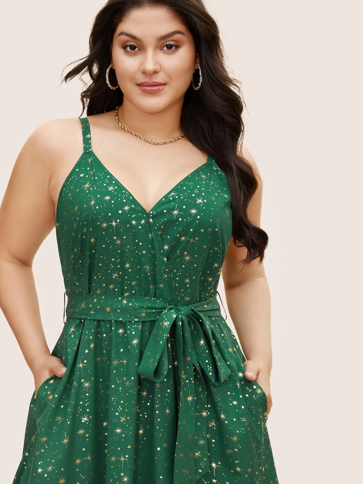 Overlap Collar Glitter Star Belted Cami Dress sold by Bloomchic product image thumbnail 2
