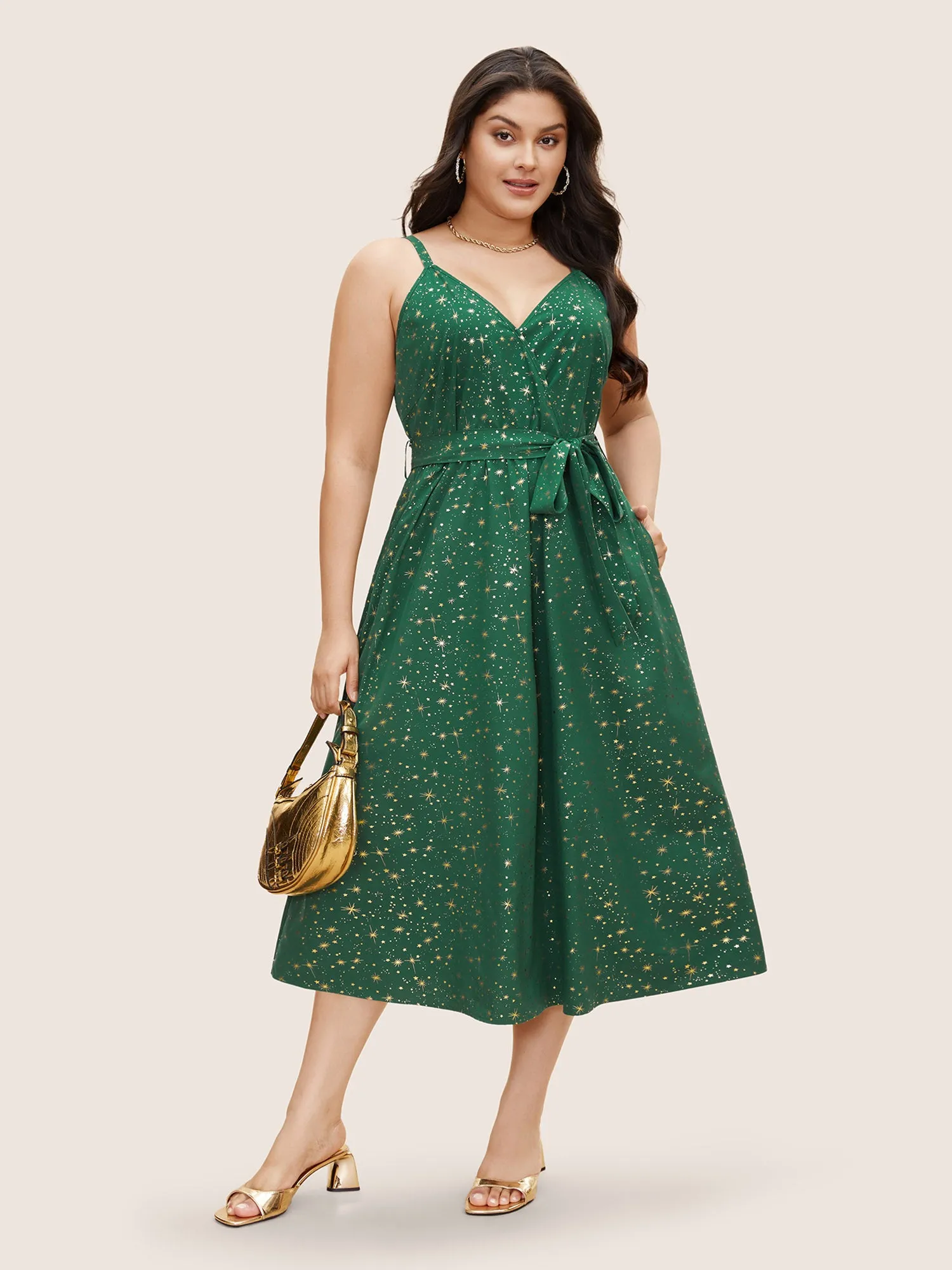 Overlap Collar Glitter Star Belted Cami Dress sold by Bloomchic