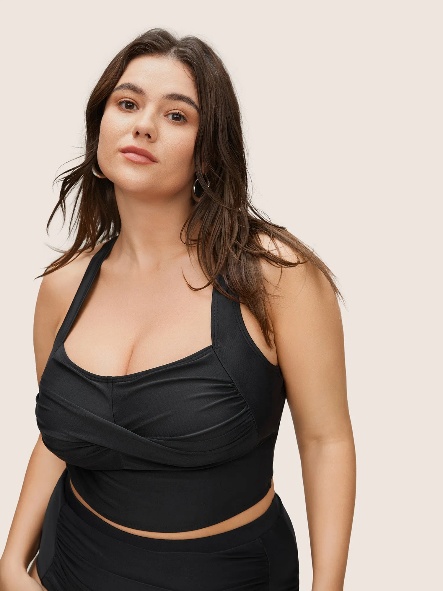 Solid Crossover Square Neck Adjustable Straps Swim Top sold by Bloomchic