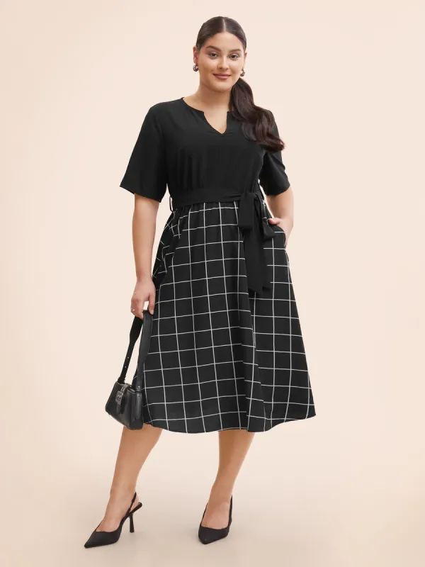 Notched Plaid Patchwork Belted Midi Dress sold by Bloomchic