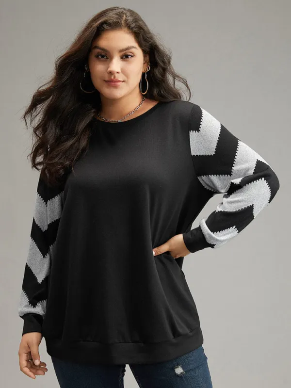 Geometric Patchwork Round Neck Sweatshirt sold by Bloomchic