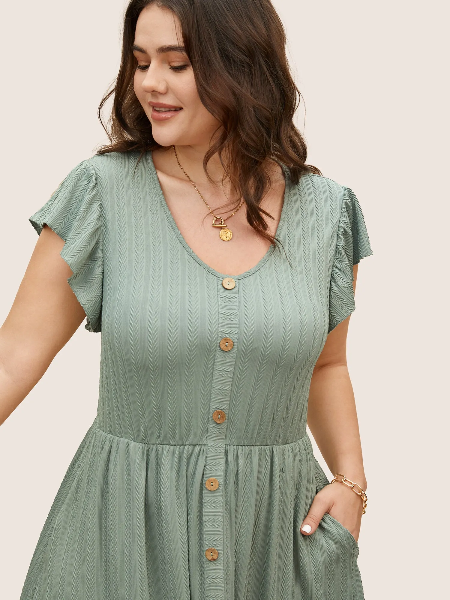 Texture Button Detail Ruffle Cap Sleeve Dress sold by Bloomchic product image thumbnail 2