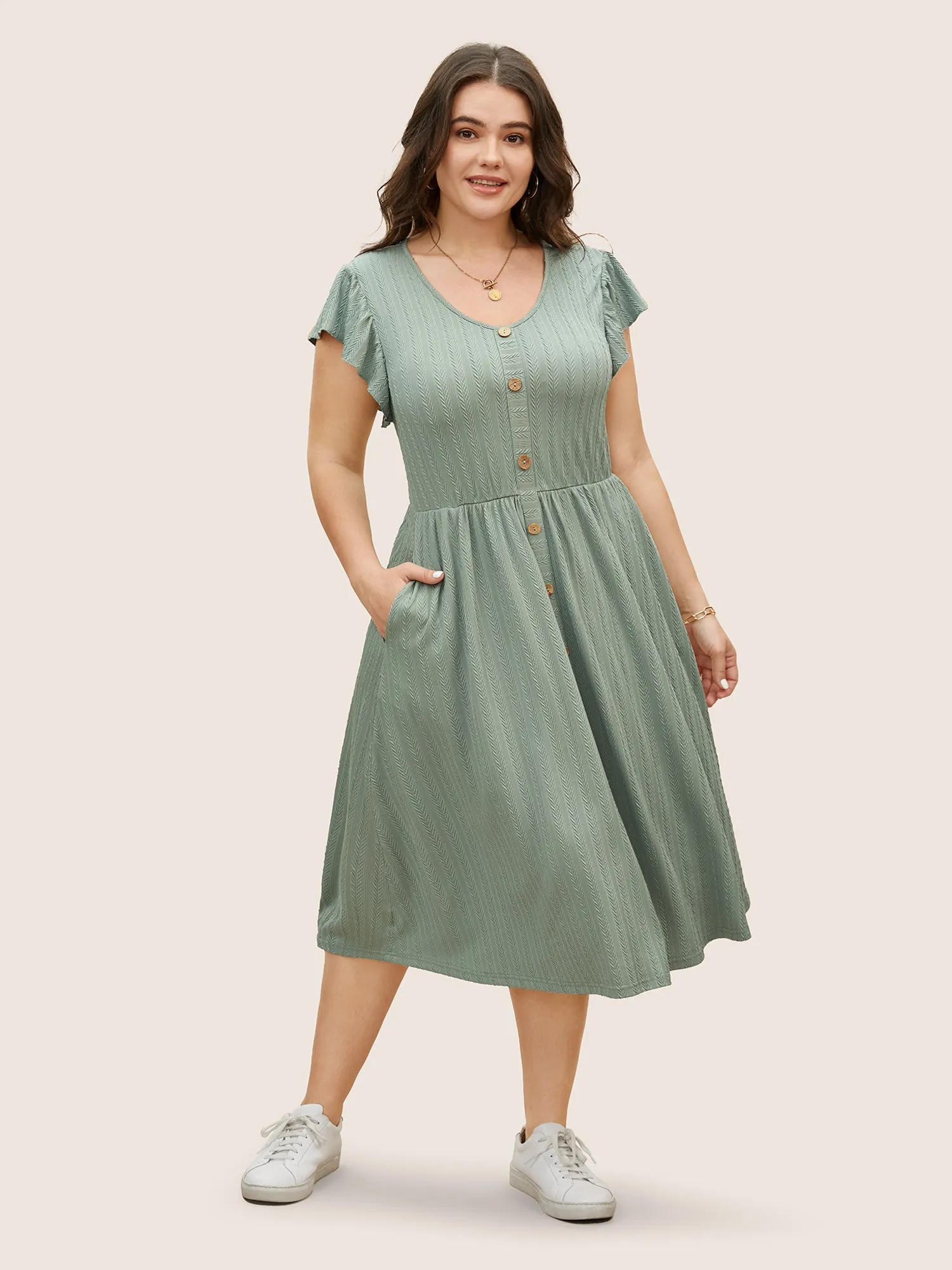 Texture Button Detail Ruffle Cap Sleeve Dress sold by Bloomchic