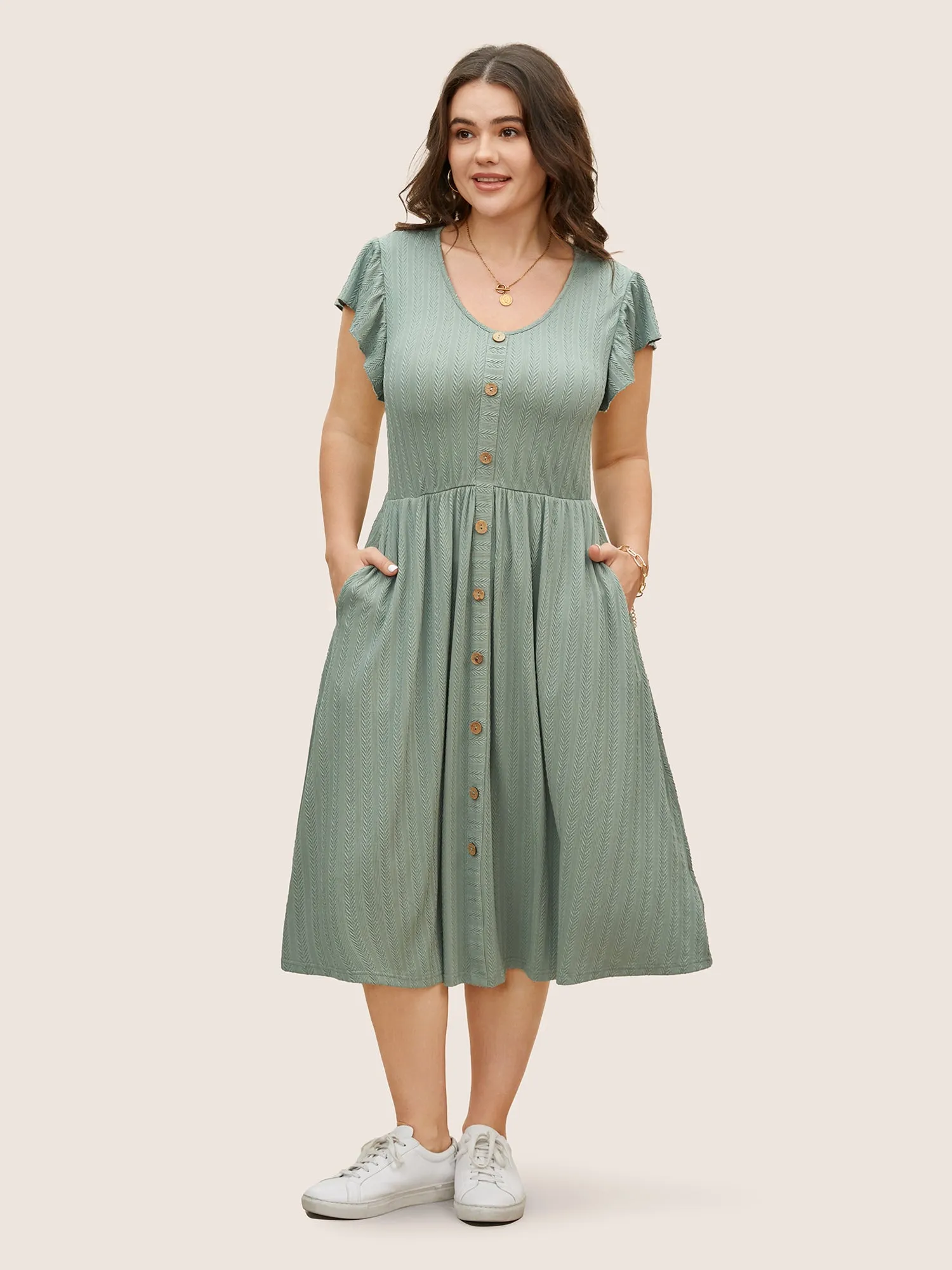 Texture Button Detail Ruffle Cap Sleeve Dress sold by Bloomchic product image thumbnail 3