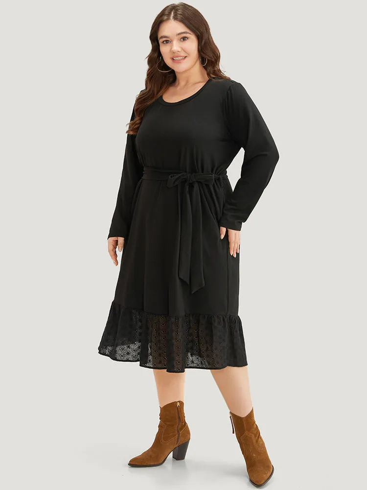 Broderie Anglaise Round Neck Belted Flutter Hem Dress sold by Bloomchic product image thumbnail 4