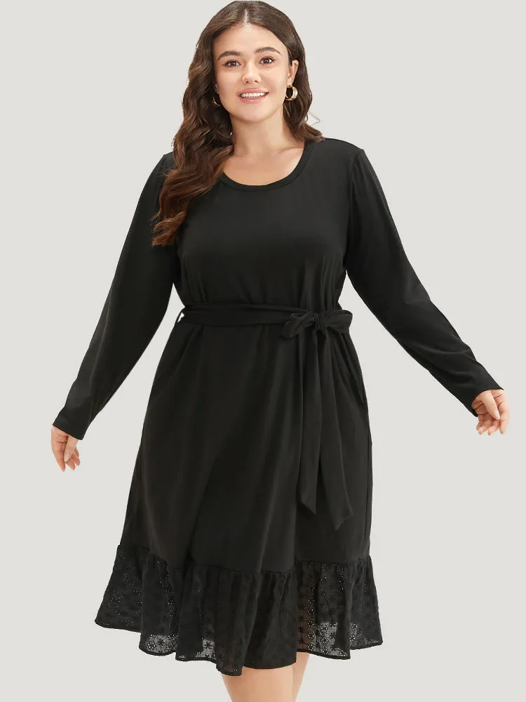Broderie Anglaise Round Neck Belted Flutter Hem Dress sold by Bloomchic