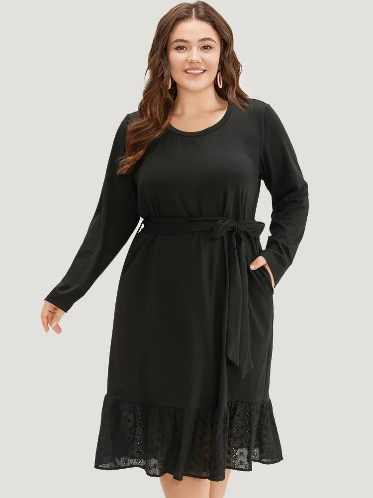 Broderie Anglaise Round Neck Belted Flutter Hem Dress sold by Bloomchic product image thumbnail 2