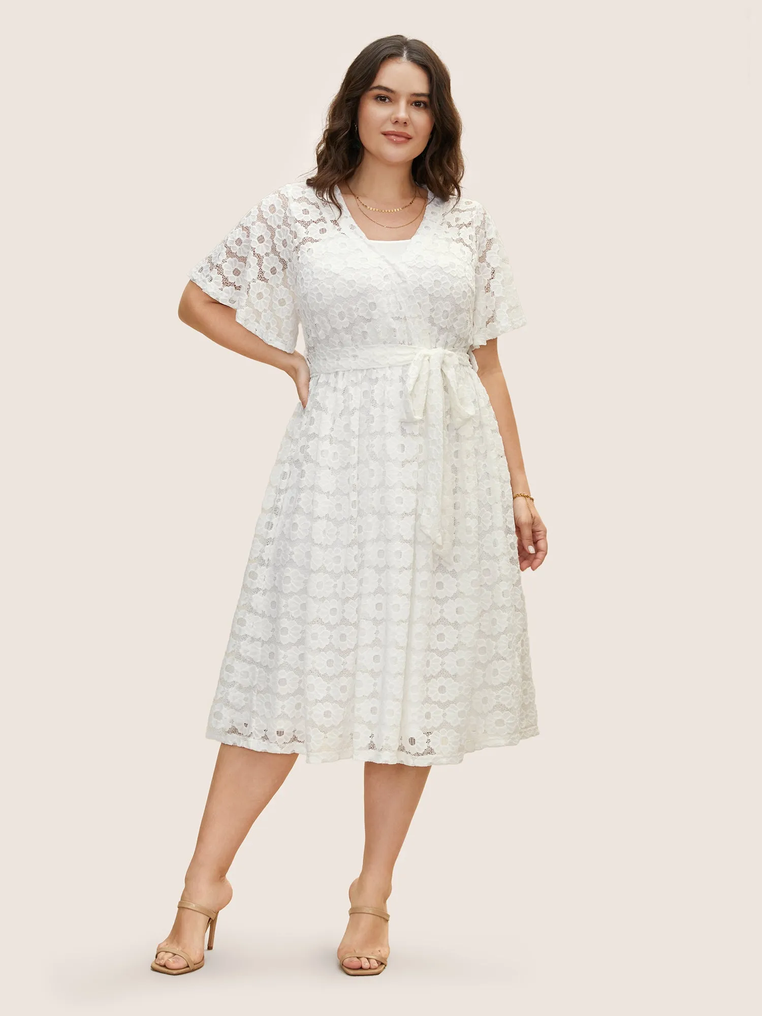 Crochet Lace Mesh Belted Midi Dress sold by Bloomchic