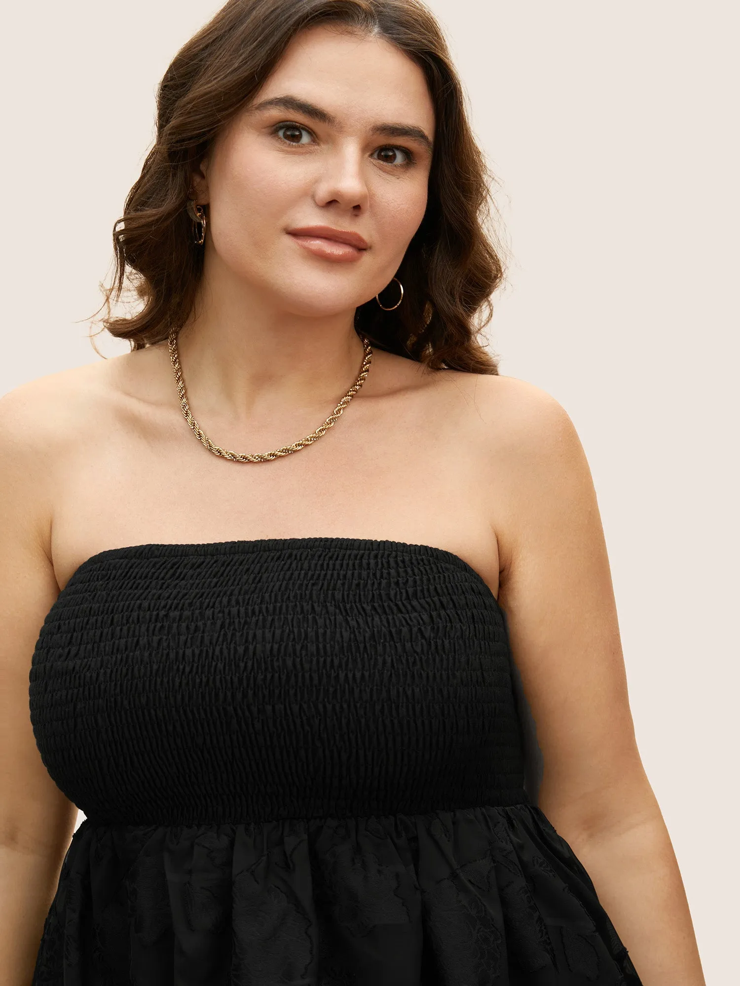 Strapless Shirred Patchwork Textured Tank Top sold by Bloomchic product image thumbnail 4