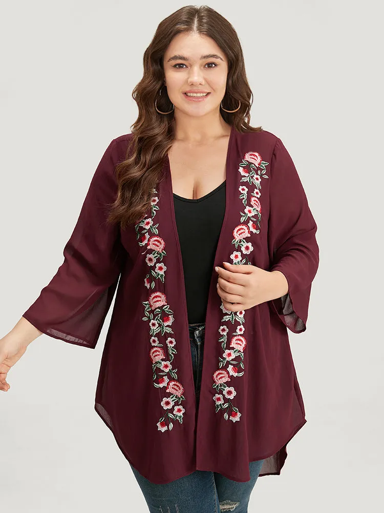 Floral Embroidered Mesh High Low Hem Kimono sold by Bloomchic
