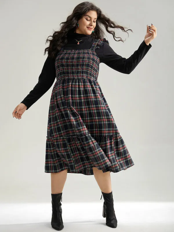 Plaid Ruffle Trim Shirred Spaghetti Strap Dress sold by Bloomchic