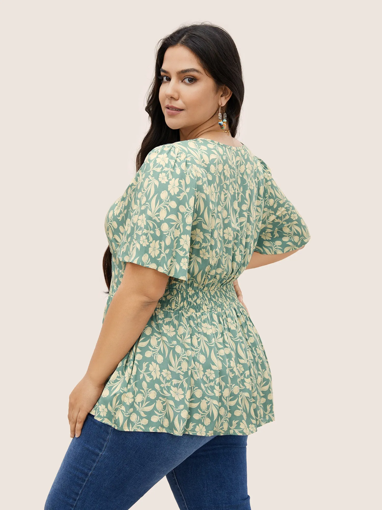 Floral Gathered Button Detail Flutter Sleeve Blouse sold by Bloomchic product image thumbnail 4