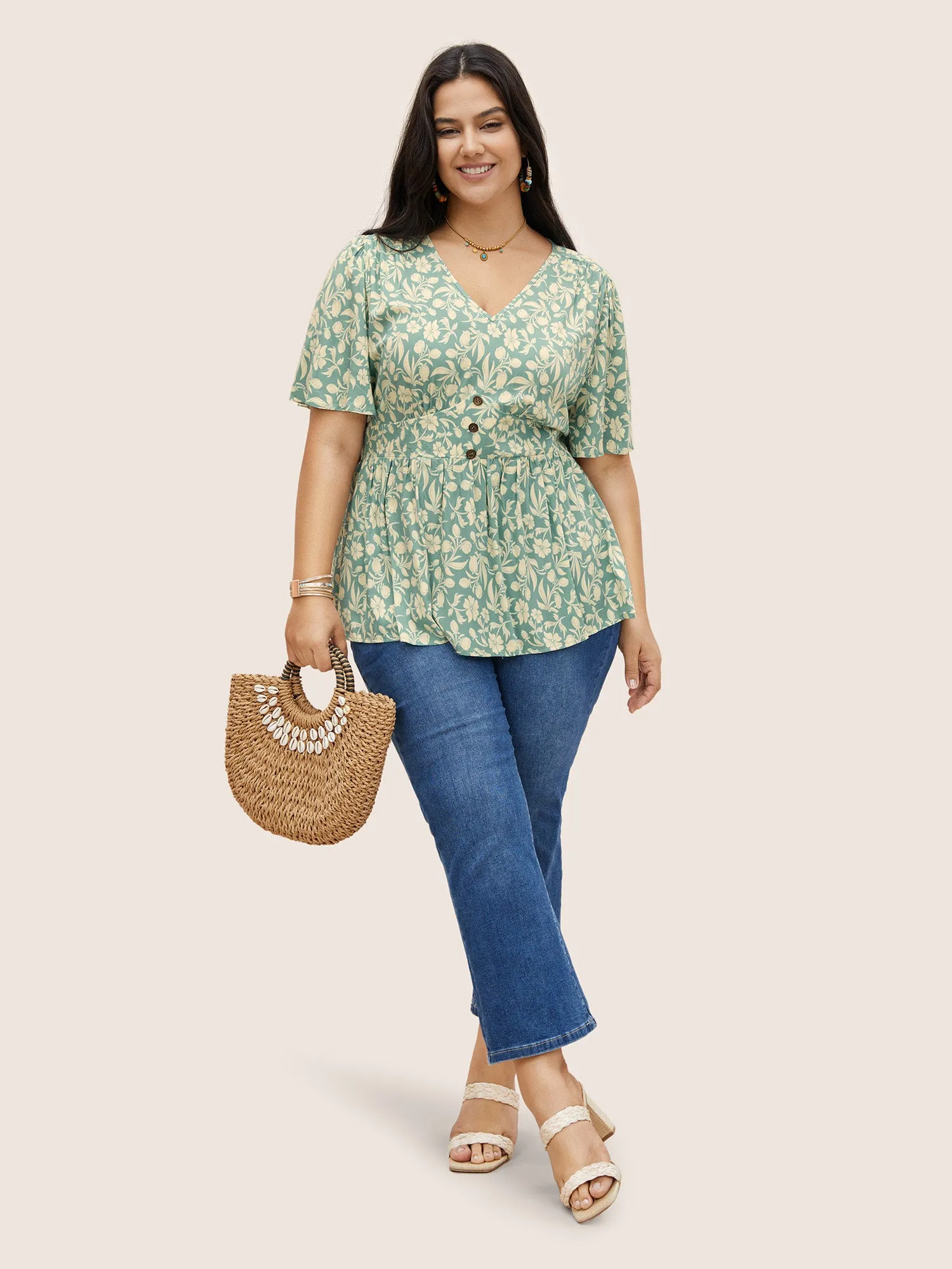 Floral Gathered Button Detail Flutter Sleeve Blouse sold by Bloomchic product image thumbnail 2