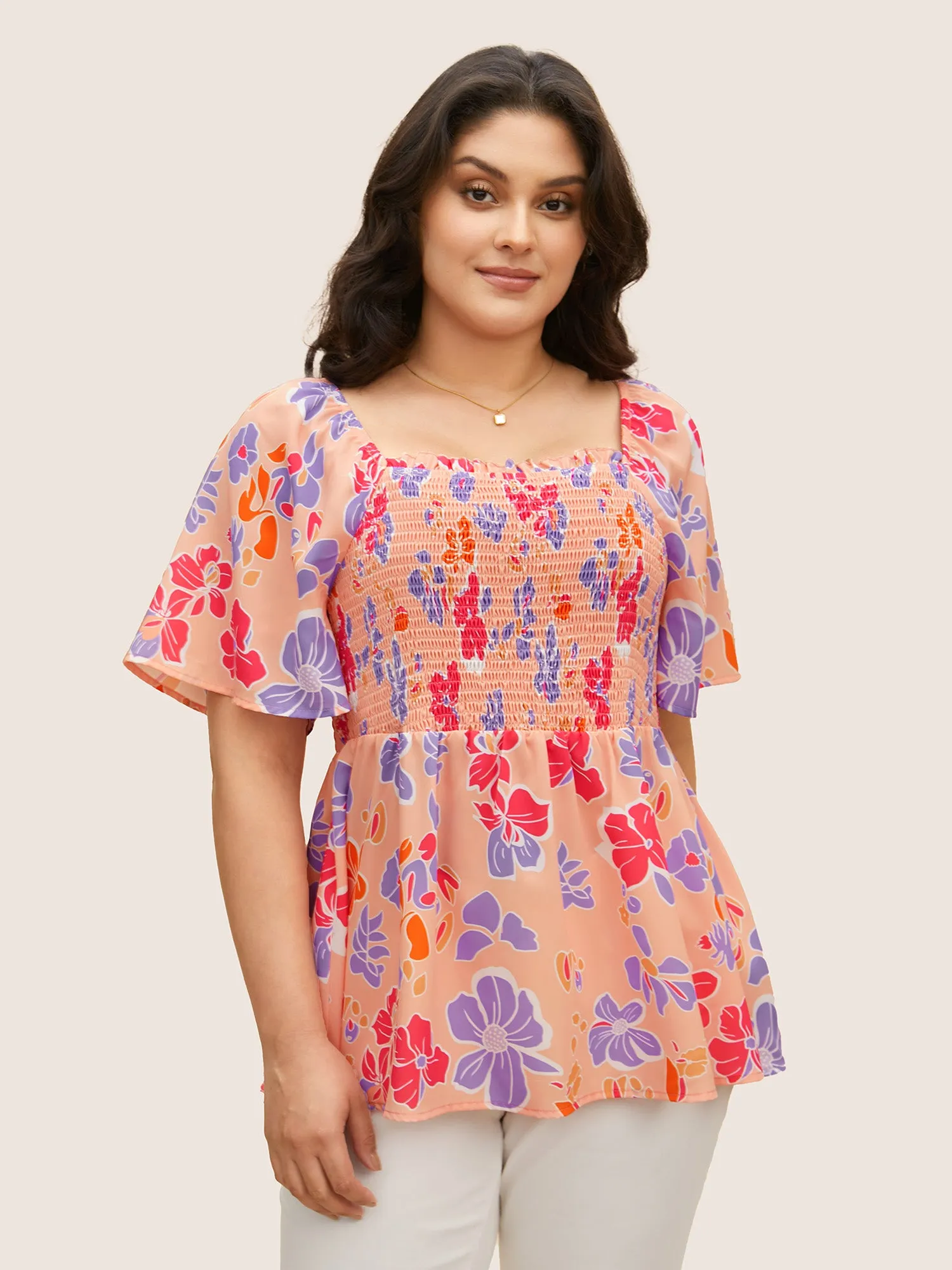 Floral Square Neck Frill Trim Shirred Blouse sold by Bloomchic