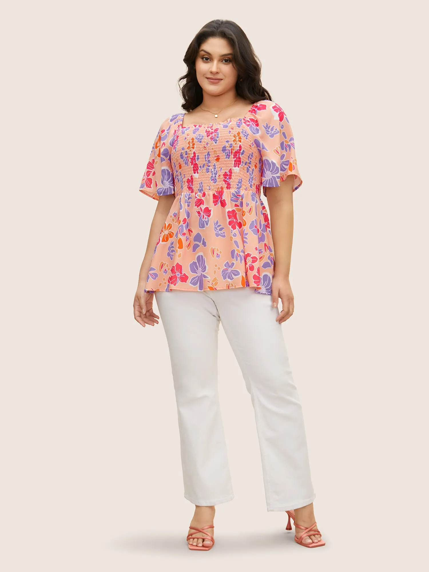 Floral Square Neck Frill Trim Shirred Blouse sold by Bloomchic product image thumbnail 3