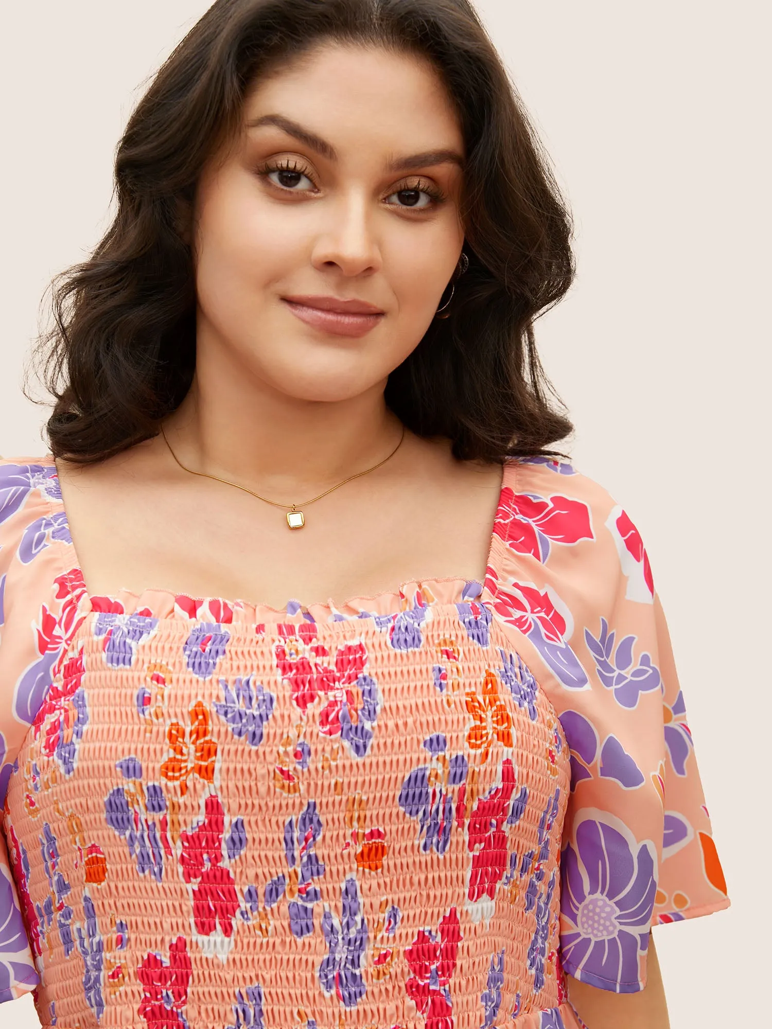 Floral Square Neck Frill Trim Shirred Blouse sold by Bloomchic product image thumbnail 4