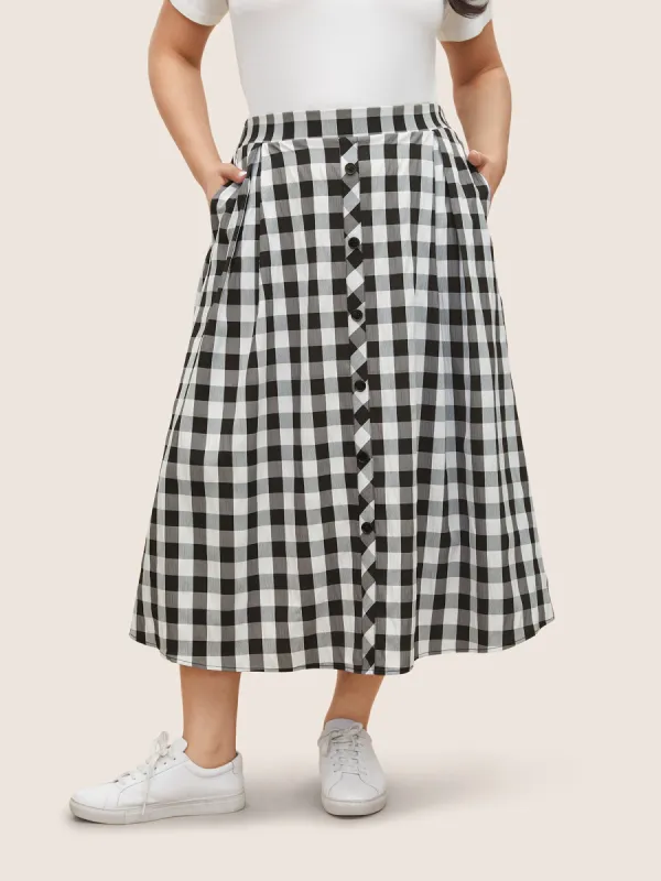 Gingham Button Detail Elastic Waist Pocket Skirt sold by Bloomchic