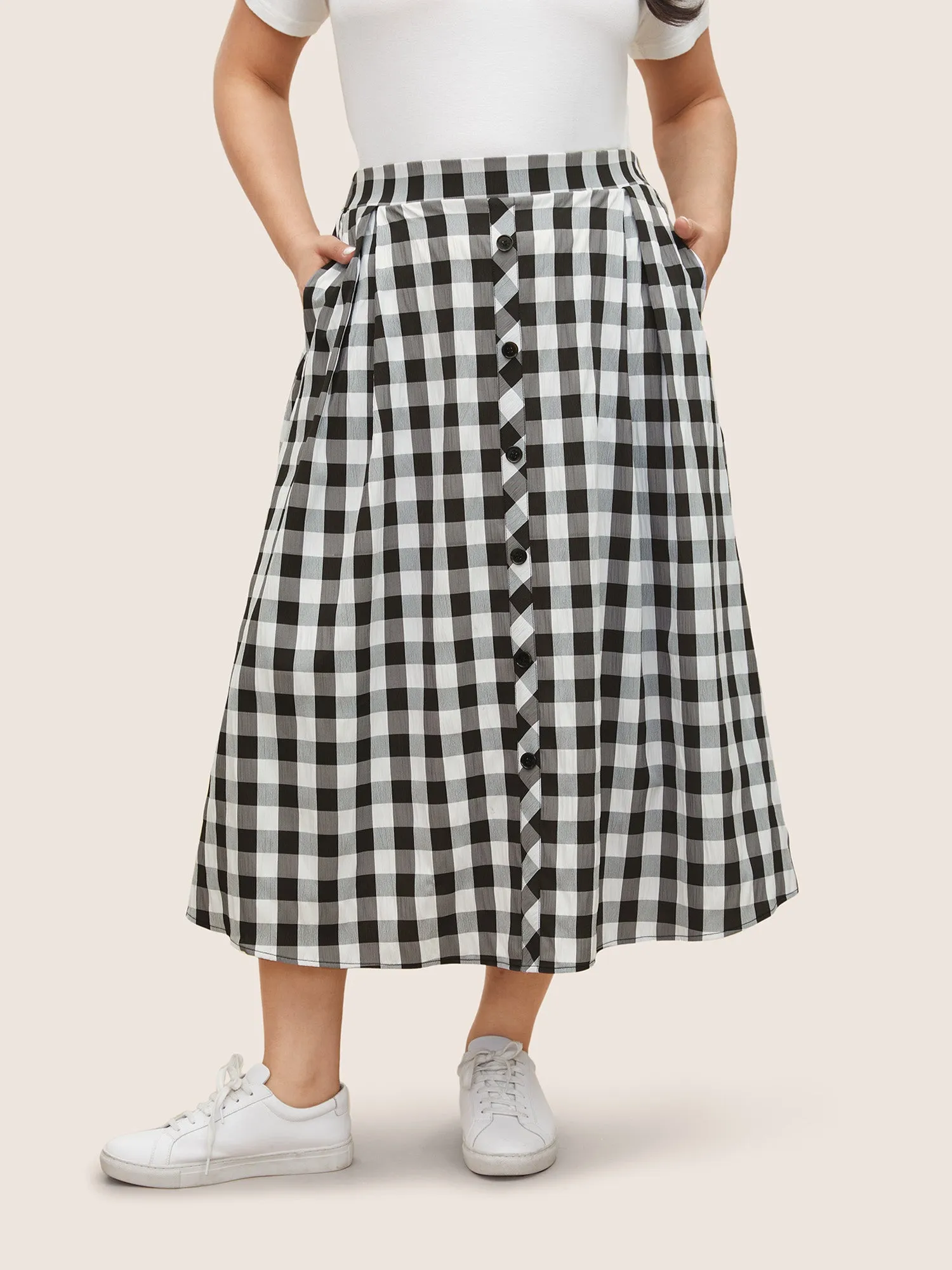 Gingham Button Detail Elastic Waist Pocket Skirt sold by Bloomchic