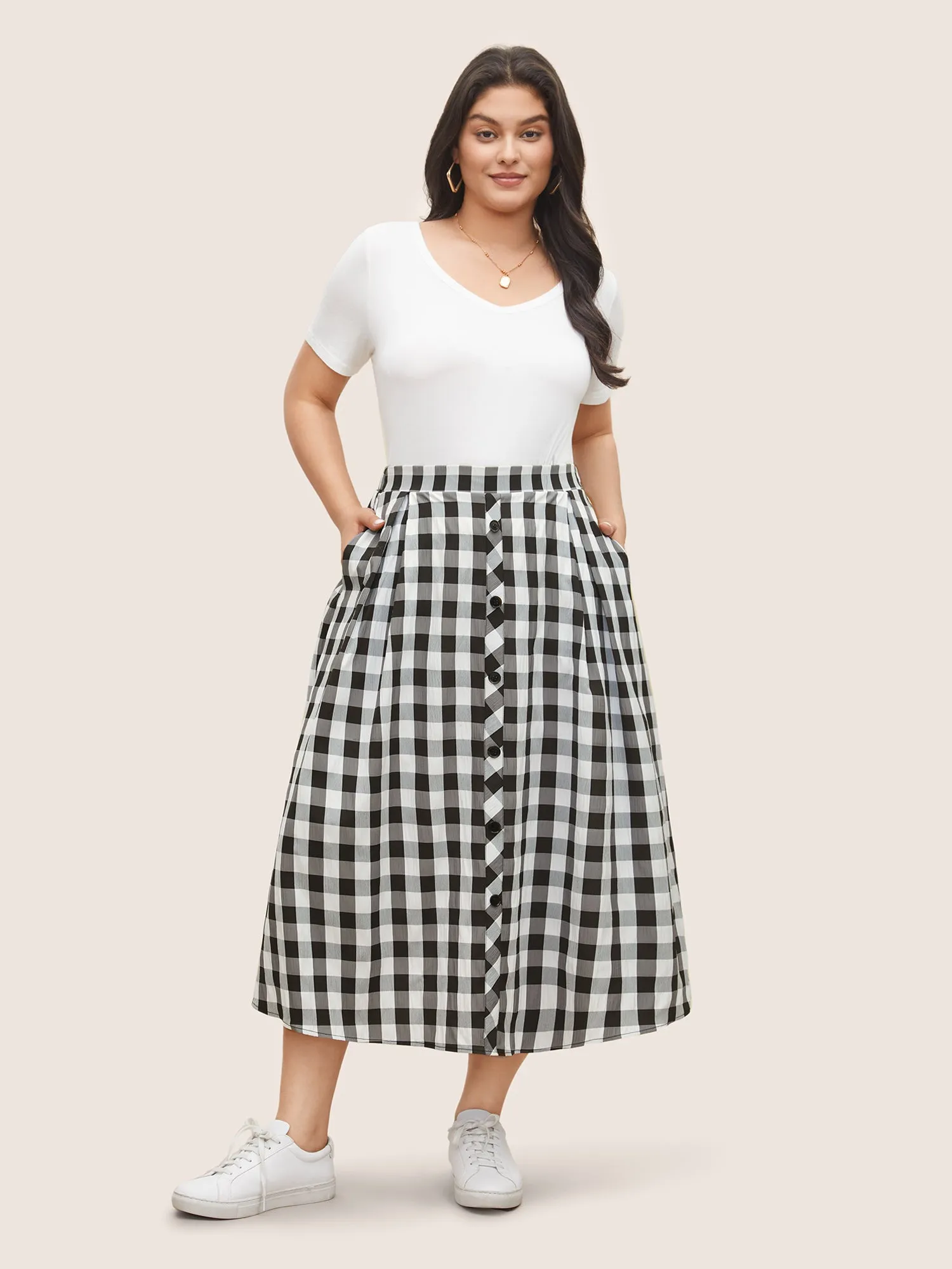 Gingham Button Detail Elastic Waist Pocket Skirt sold by Bloomchic product image thumbnail 2