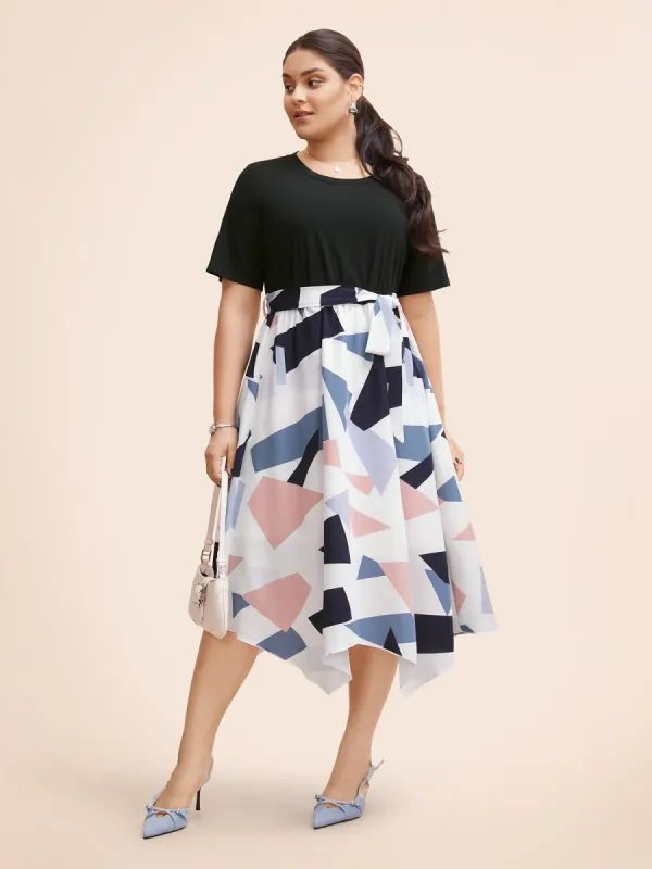 Geometric Patchwork Asymmetrical Hem Midi Dress sold by Bloomchic