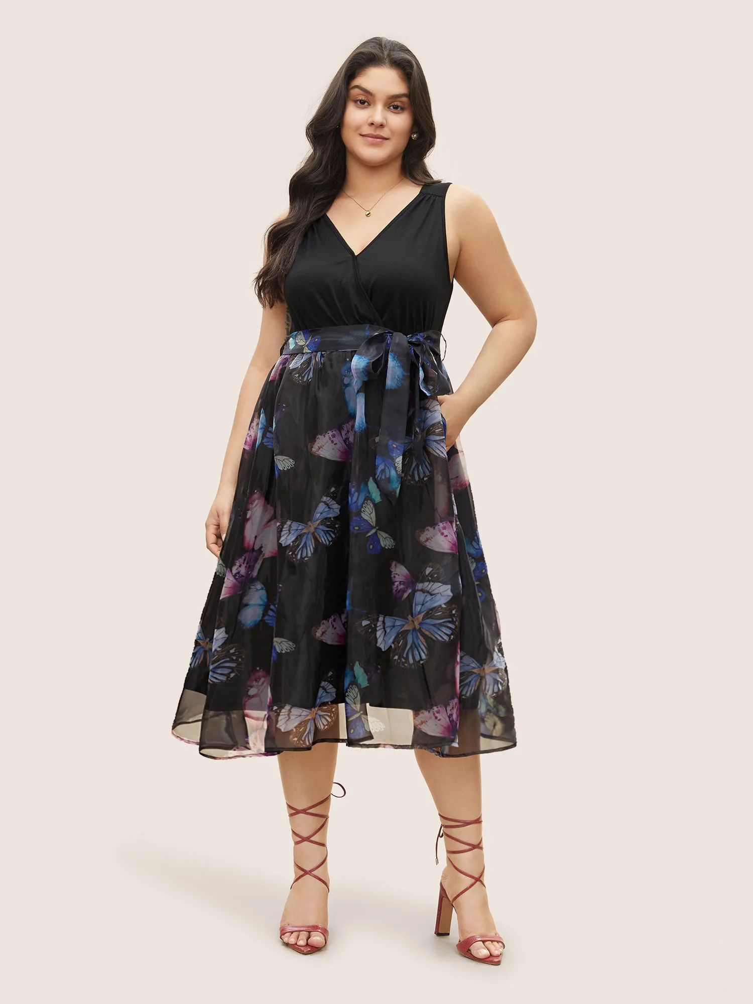 Butterfly Mesh Patchwork Wrap Belted Dress sold by Bloomchic