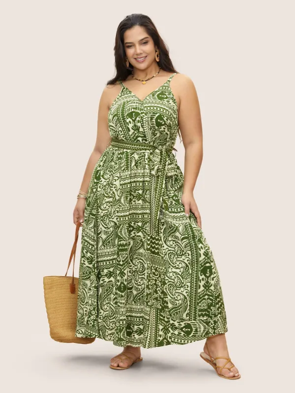Paisley Print Surplice Neck Belted Dress sold by Bloomchic