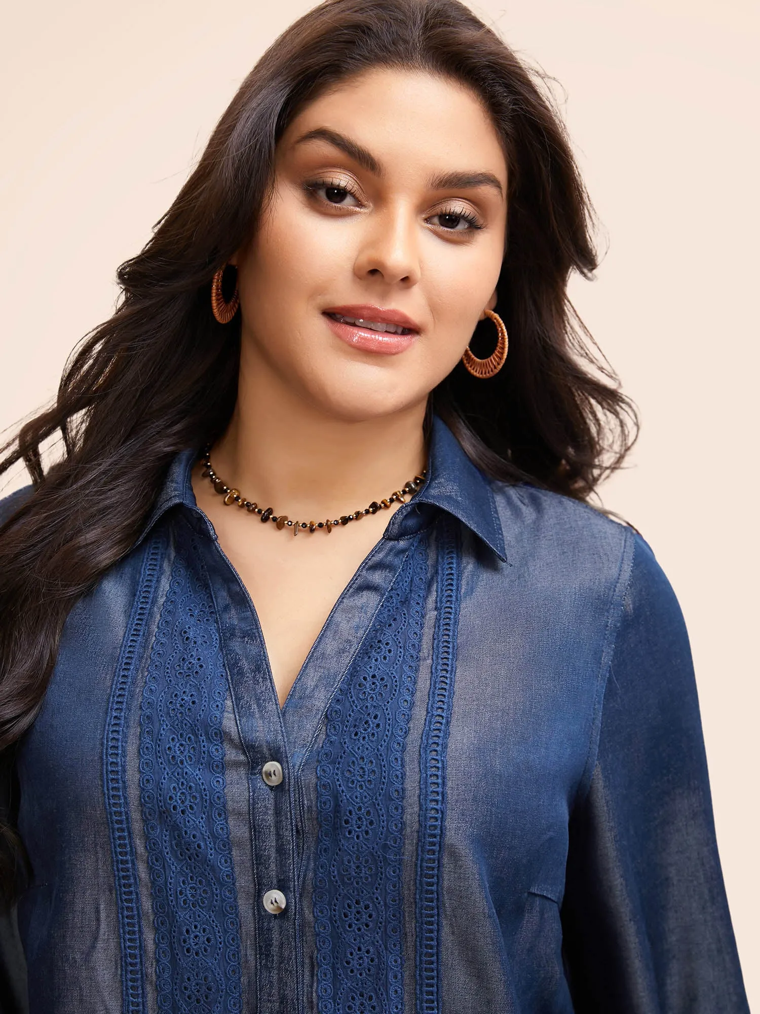 Denim-Effect Woven Ribbon Gathered Blouse sold by Bloomchic product image thumbnail 3