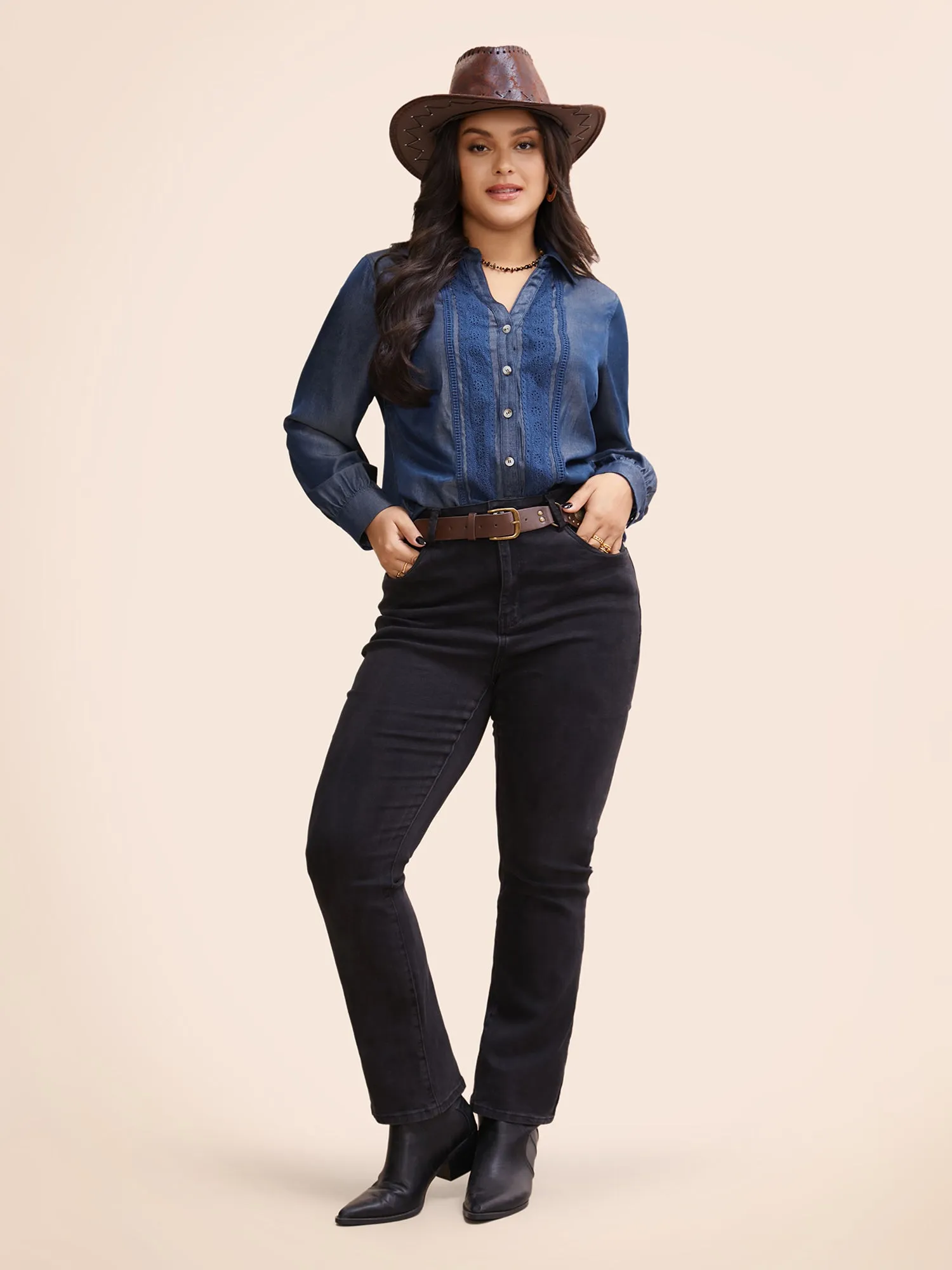 Denim-Effect Woven Ribbon Gathered Blouse sold by Bloomchic product image thumbnail 2