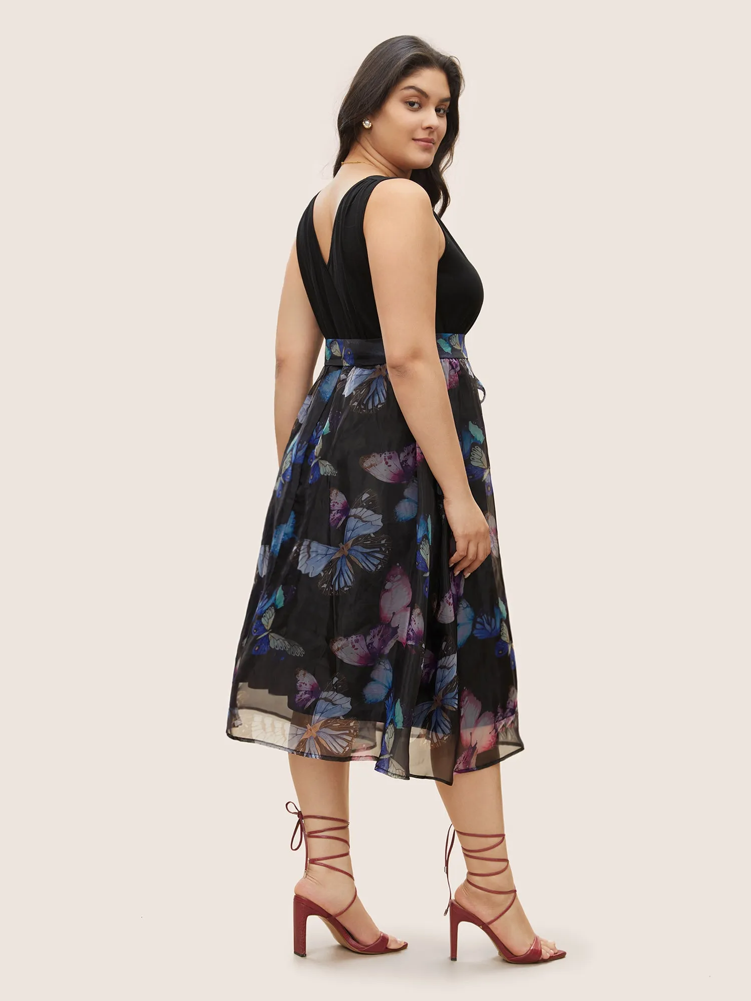 Butterfly Mesh Patchwork Wrap Belted Dress sold by Bloomchic product image thumbnail 3