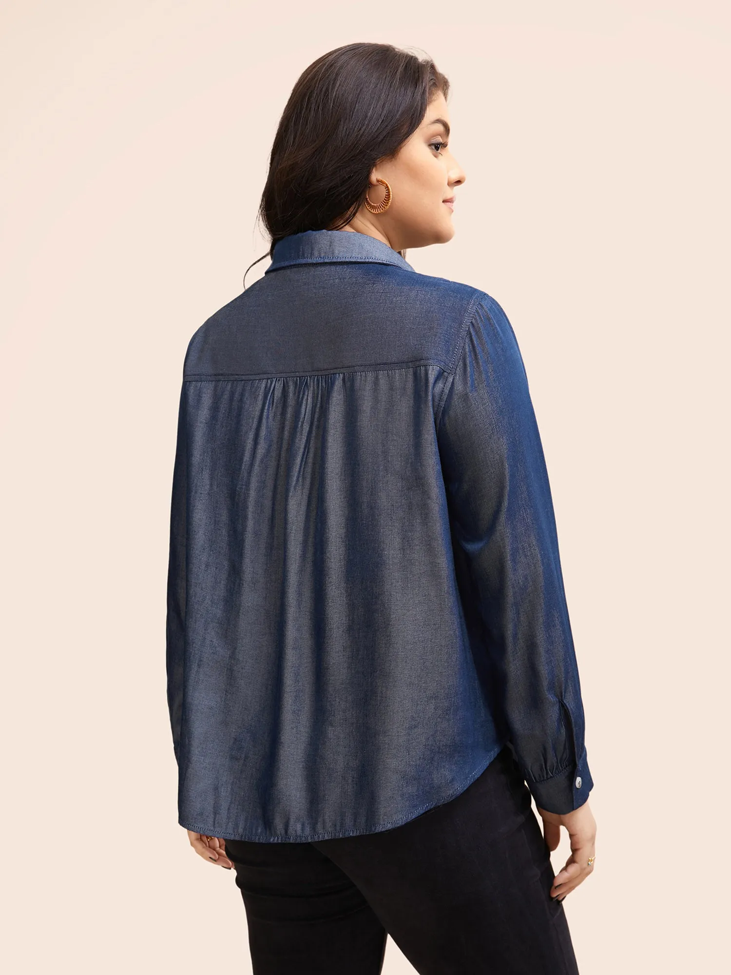 Denim-Effect Woven Ribbon Gathered Blouse sold by Bloomchic product image thumbnail 5