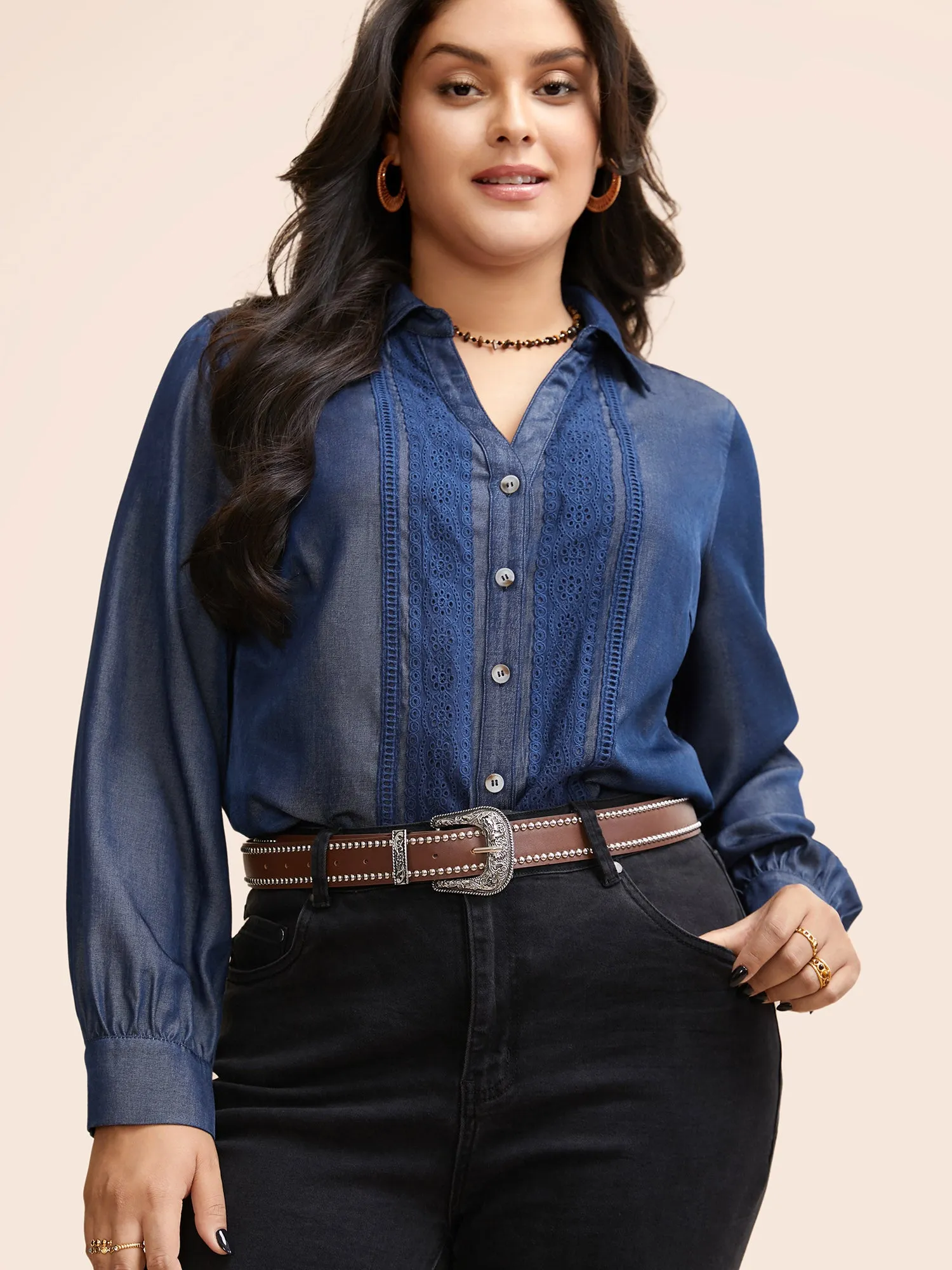 Denim-Effect Woven Ribbon Gathered Blouse sold by Bloomchic