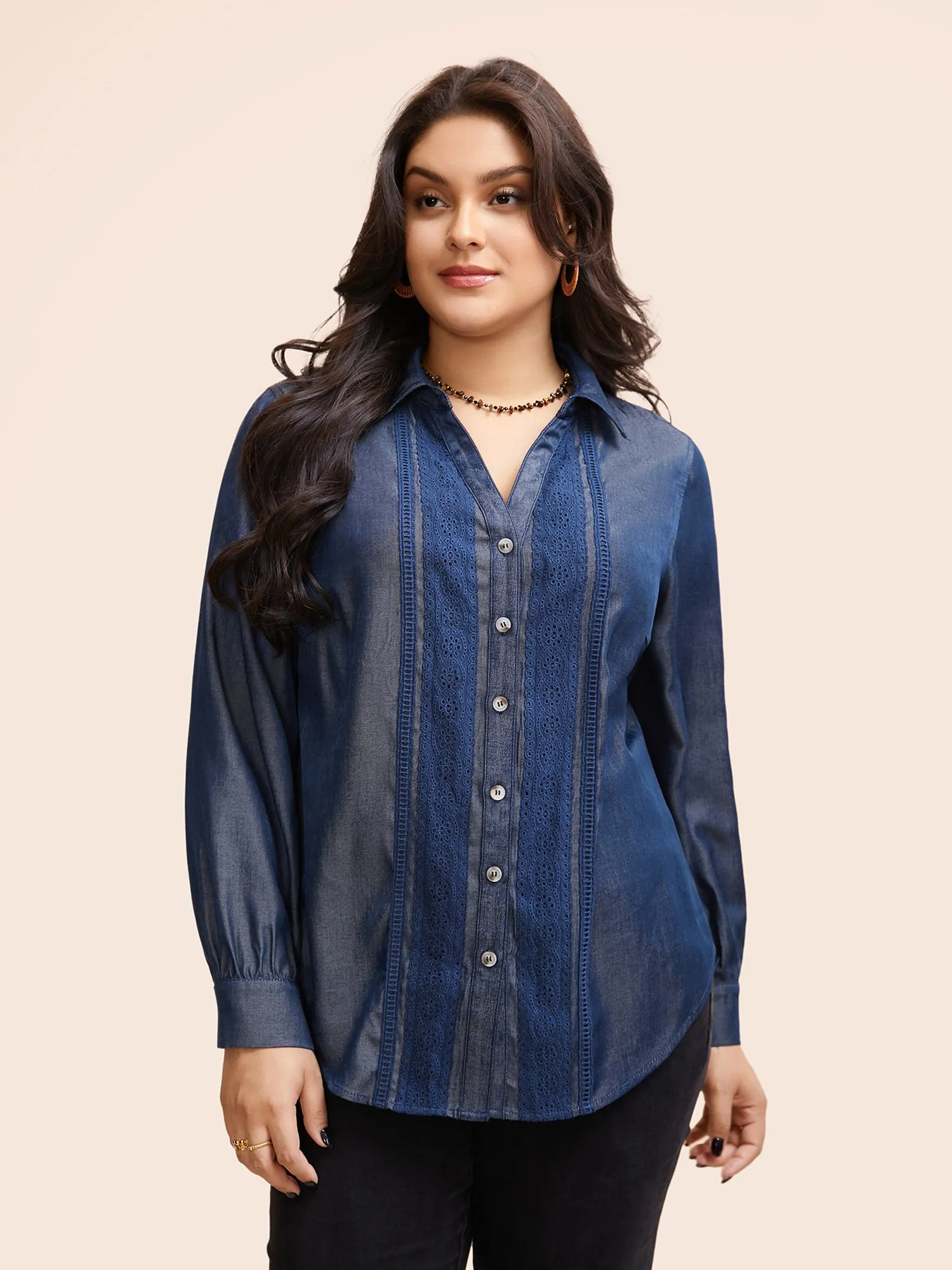 Denim-Effect Woven Ribbon Gathered Blouse sold by Bloomchic product image thumbnail 4