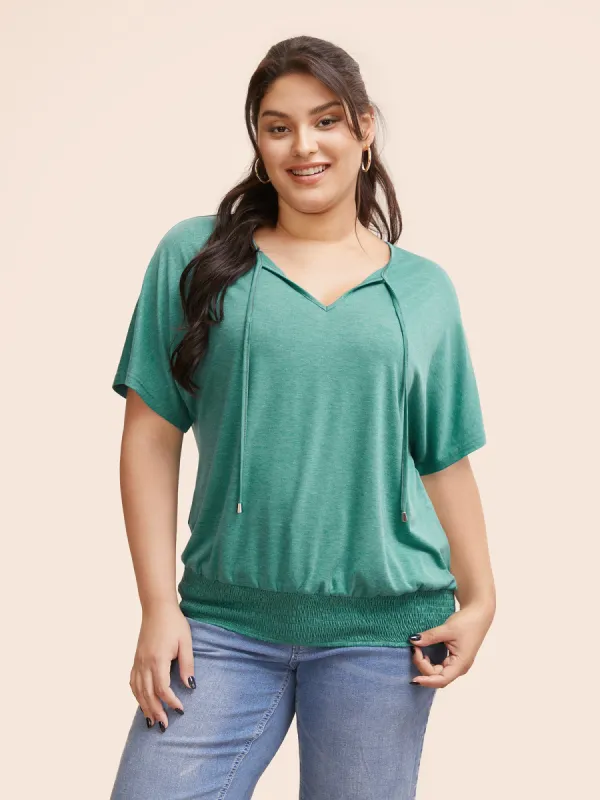 Solid Shirred Tie Knot Dolman Sleeve T-shirt sold by Bloomchic