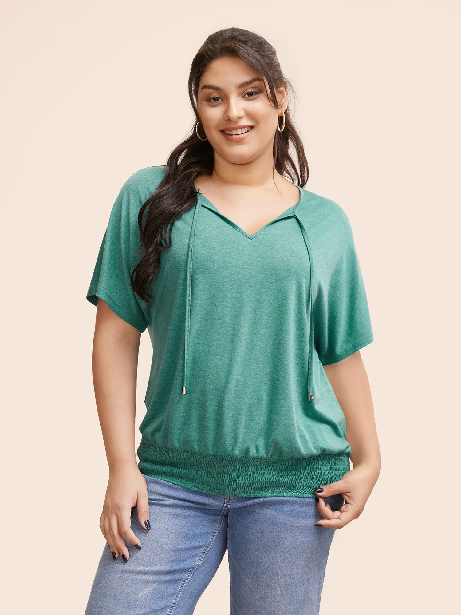Solid Shirred Tie Knot Dolman Sleeve T-shirt sold by Bloomchic