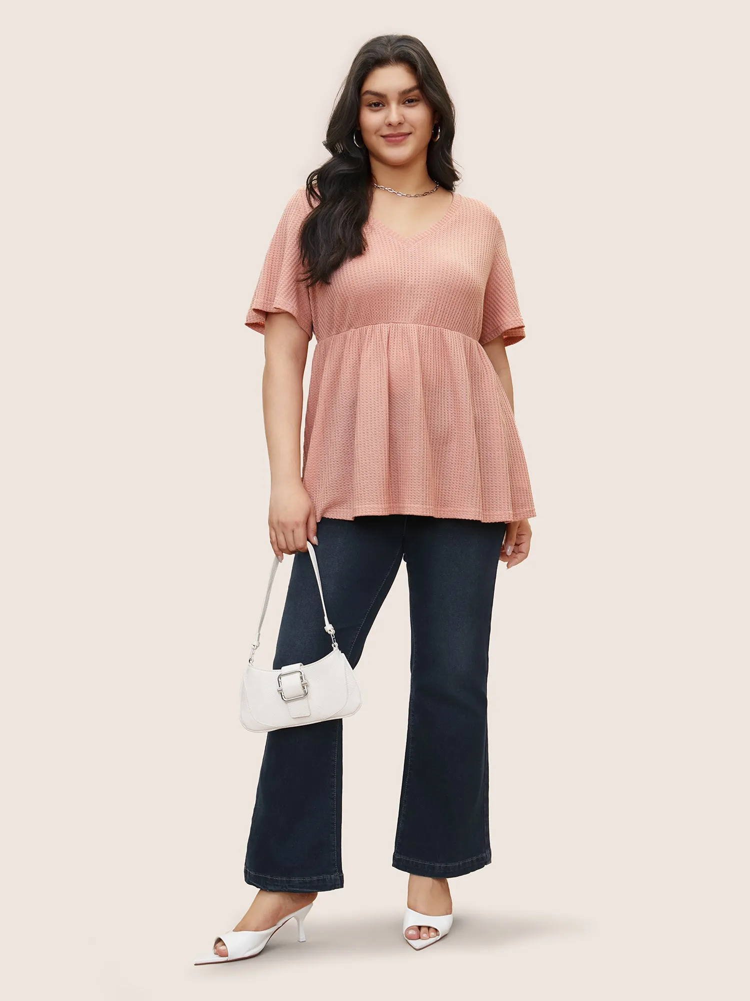 Waffle Knit Gathered Flutter Sleeve T-shirt sold by Bloomchic product image thumbnail 3