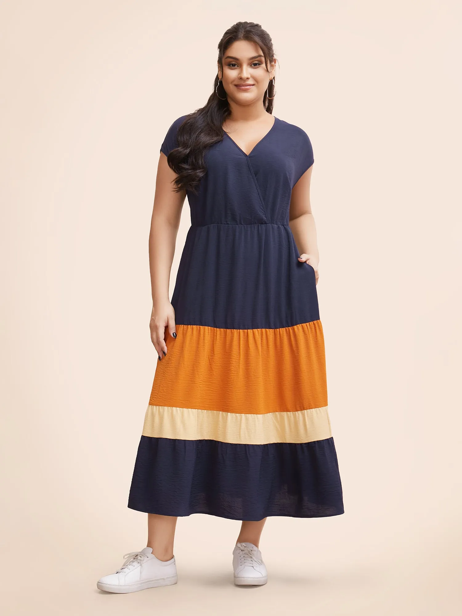 Colorblock Contrast Pocket Wrap Flutter Tiered Tank Dress sold by Bloomchic product image thumbnail 3